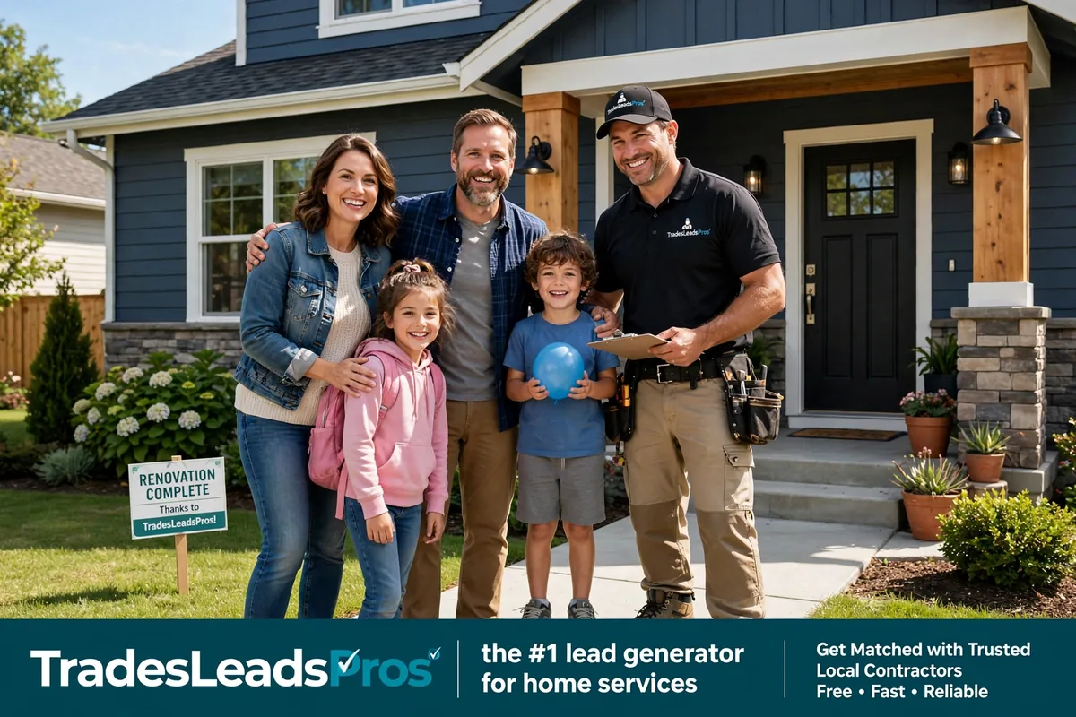 Happy family with their contractor in front of a renovated home